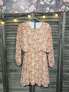 Staccato Floral Long-Sleeve Ruffle Hem Dress in Mustard and Brown